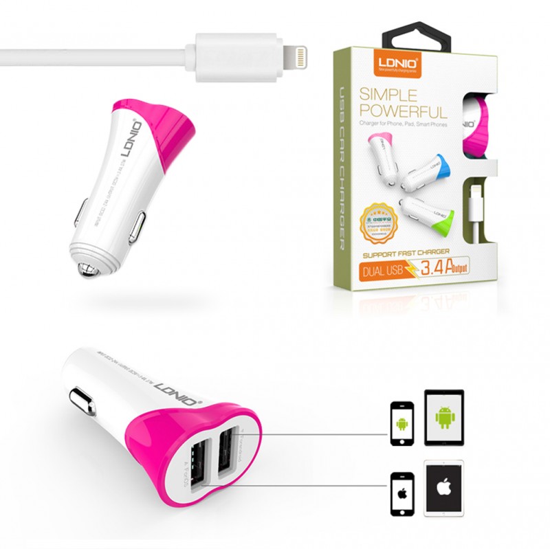 Auto punjac LDNIO C332 dual USB 3.4A sa iPhone lightning kablom pink cena 2000 din slika